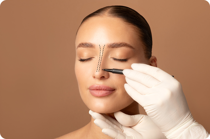 A woman with dotted lines drawn on her nose as a surgeon in gloves marks for rhinoplasty surgery.