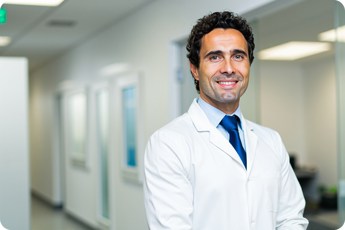 A smiling healthcare provider stands in a clinic hallway, representing Cherry as a preferred patient financing option.