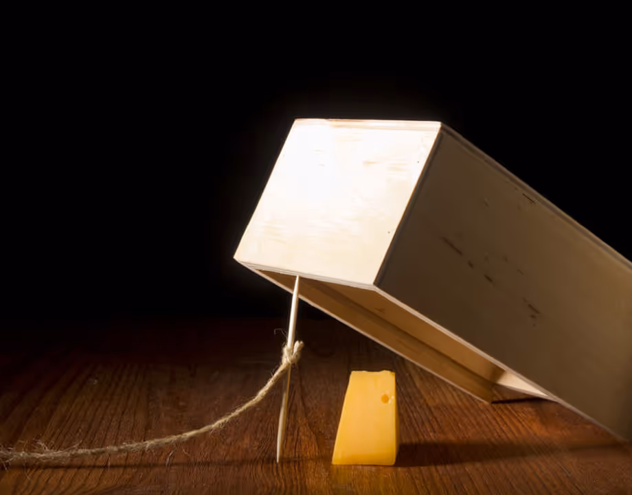 A classic wooden mousetrap set with a piece of cheese and a string tied to a stick holding the trap open.