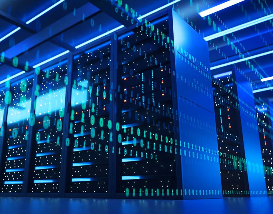 Data center server racks with digital binary code overlay in a blue-lit room.