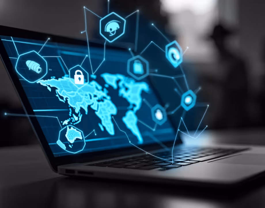 Laptop displaying a digital world map with floating technology and security icons connected by lines.