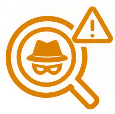 Orange icon depicting a magnifying glass focusing on a figure wearing a fedora and glasses, with a warning triangle containing an exclamation mark above it.