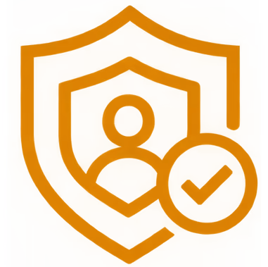 Icon of a person inside a shield with a checkmark symbol, representing security or verified protection, on an orange background.
