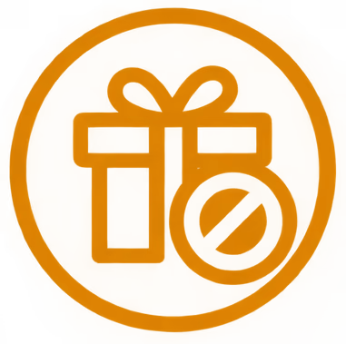 Orange circular icon featuring a wrapped gift box with a bow and a crossed-out circle overlapping the lower right corner, indicating a restriction or prohibition related to gifts or bonuses.