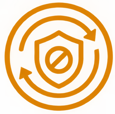 Orange shield with a prohibition symbol inside, surrounded by two circular arrows indicating protection or security refresh on a blurred orange background.
