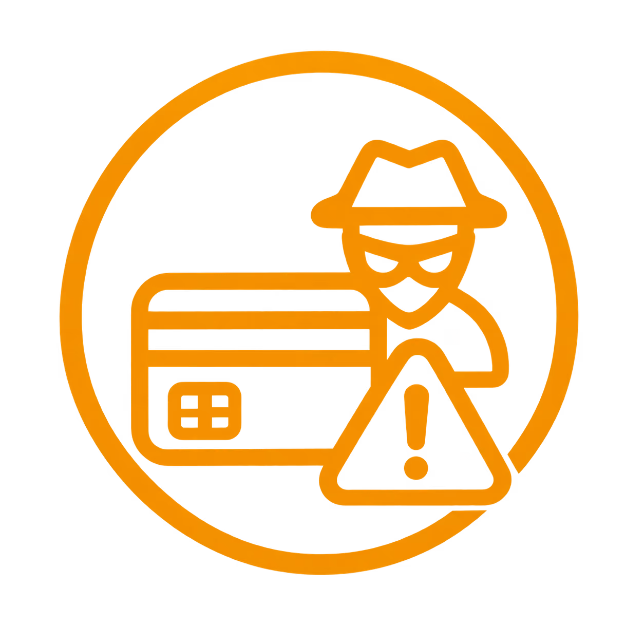 Orange icon of a masked person wearing a hat next to a credit card and a caution sign with an exclamation mark inside a circle, symbolizing payment fraud or suspicious financial activity.