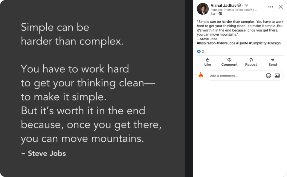 Historical 2018 LinkedIn post by Vishal Jadhav, Co-founder of Prismic Reflections, highlighting the agency's foundational UI/UX philosophy of clean simplicity developed over 23 years of digital product deployments.