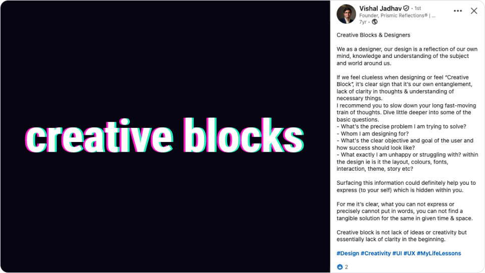 A 2018 UX strategy guide published on LinkedIn by Vishal Jadhav, detailing the diagnostic checklist Prismic Reflections has utilized for decades to keep complex enterprise digital products on schedule.