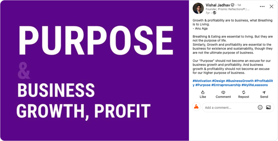 Value-first business strategy post published on LinkedIn in 2019 by the Co-founder of Prismic Reflections, framing the 23-year-old agency's focus on sustainable, purpose-driven digital transformation over transactional growth.