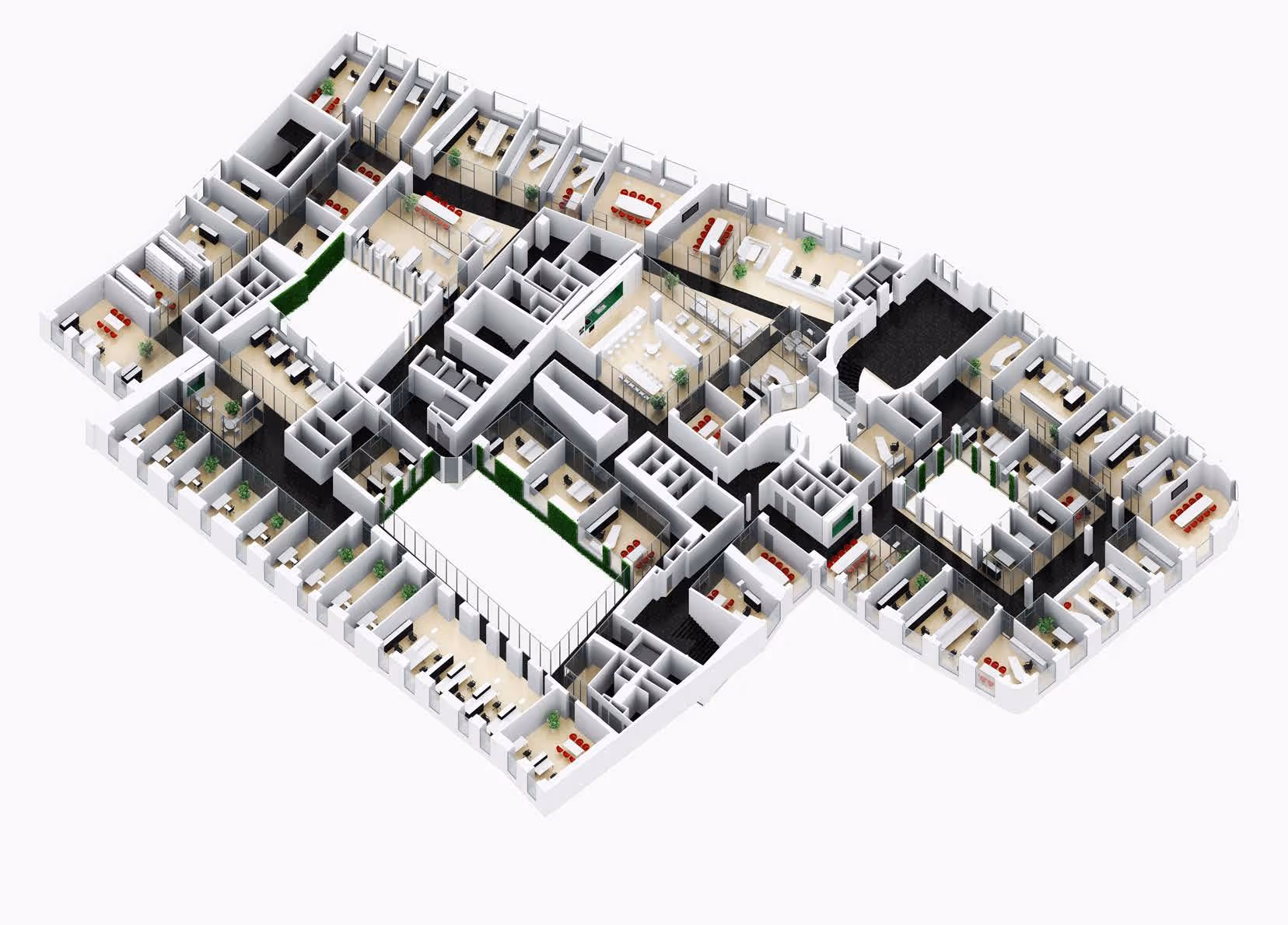 Vogelperspektive auf ein 3D-visualisiertes Bürokonzept