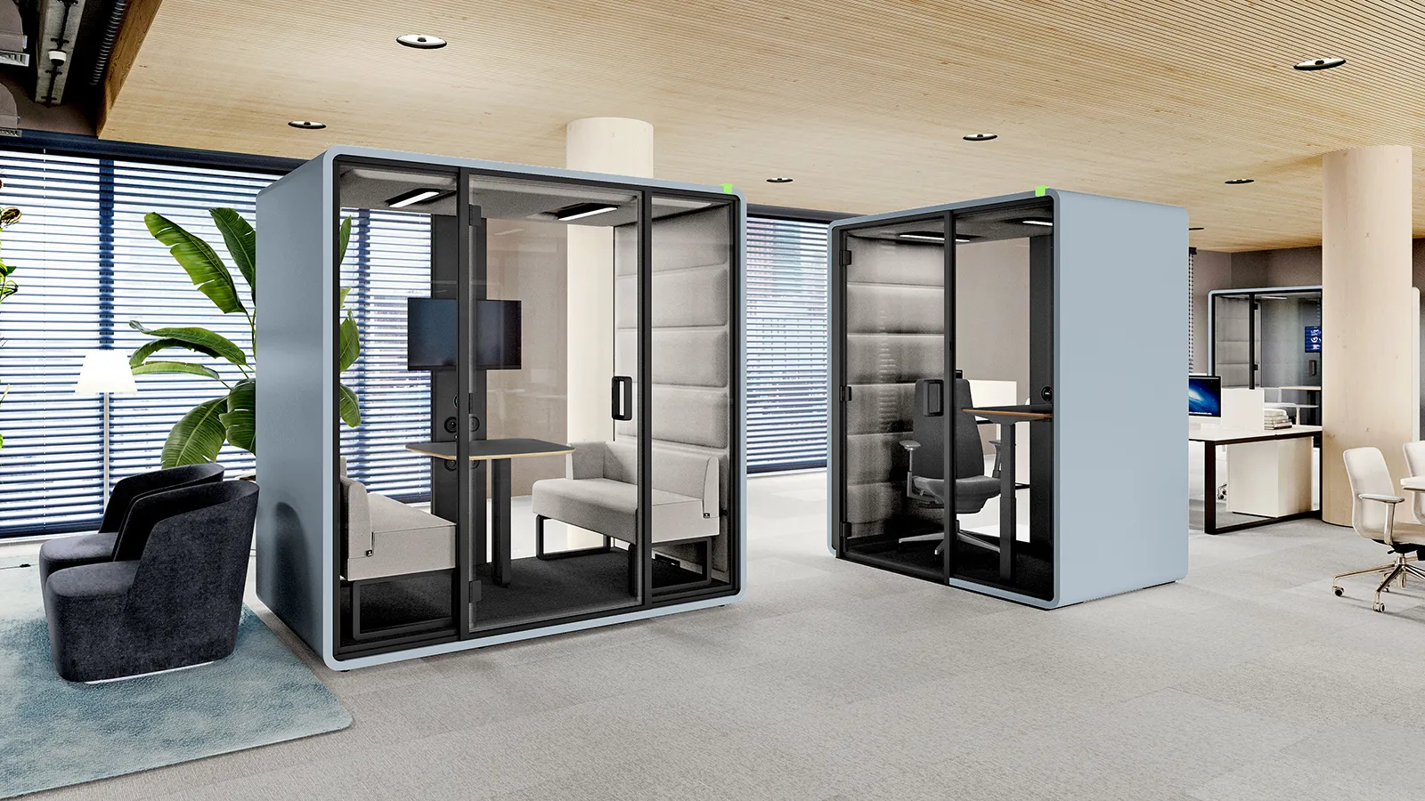 Hushoffice Hushfree Work akoestische kantoorcabine met ergonomische werkplek