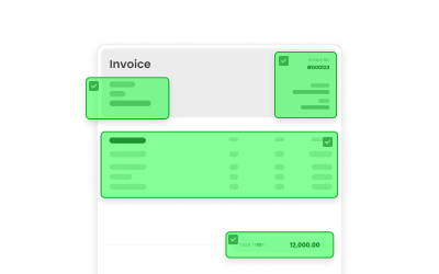 A visual interface showing a green-highlighted invoice form with fields for supplier, amounts, and dates, representing automated data capture