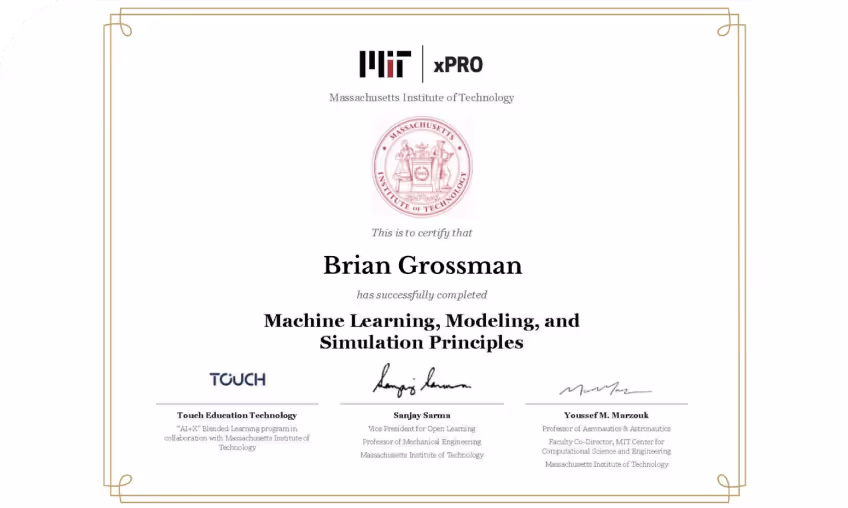 A Machine Learning, Modelling, and Simulations Principles diploma.