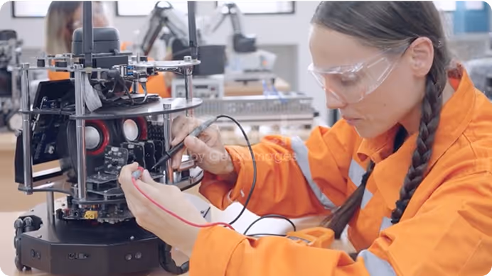 A woman checks the voltage of a machine with a voltmeter.  