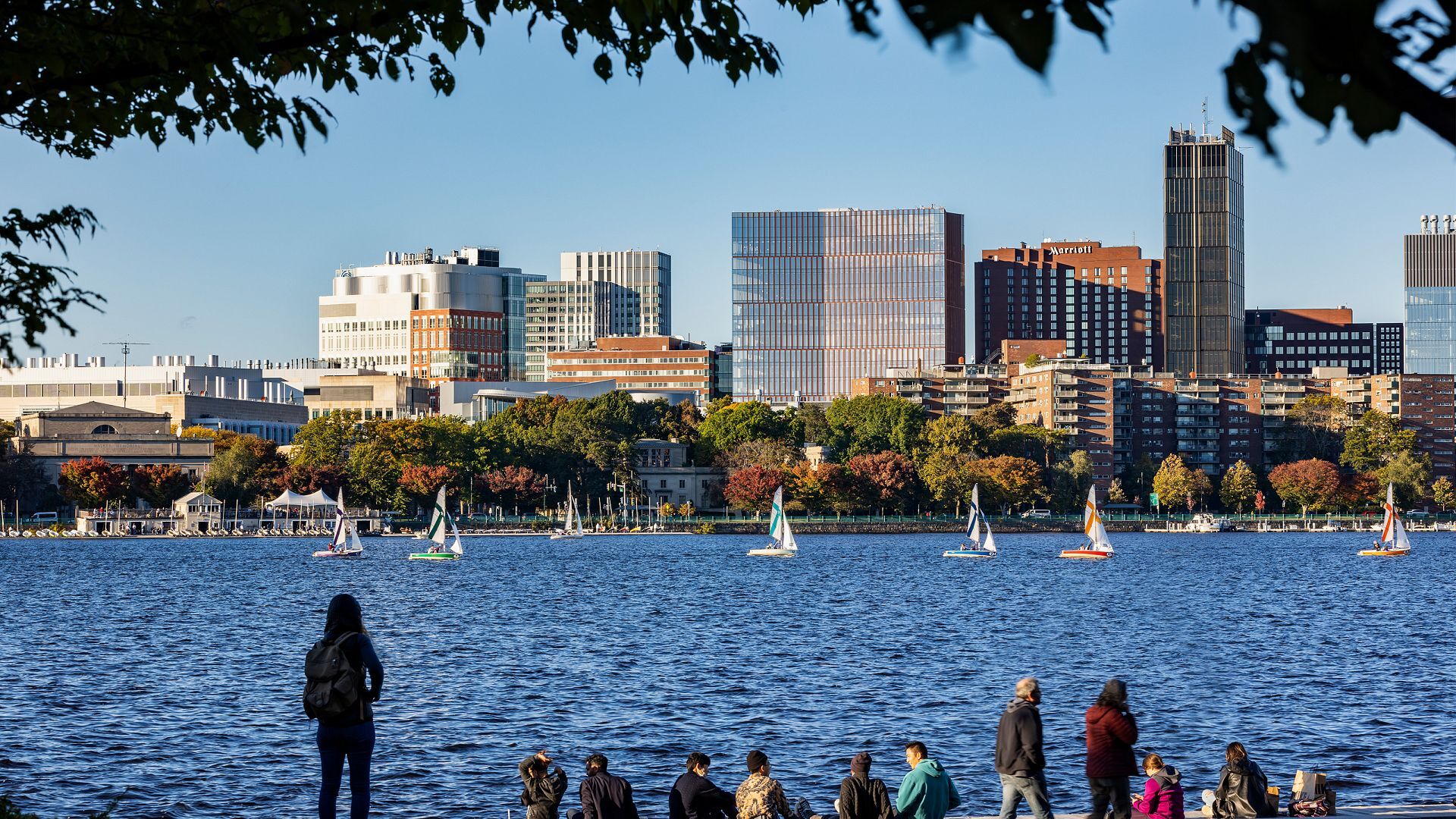 View of the Charles River and Cambridge skyline in autumn
