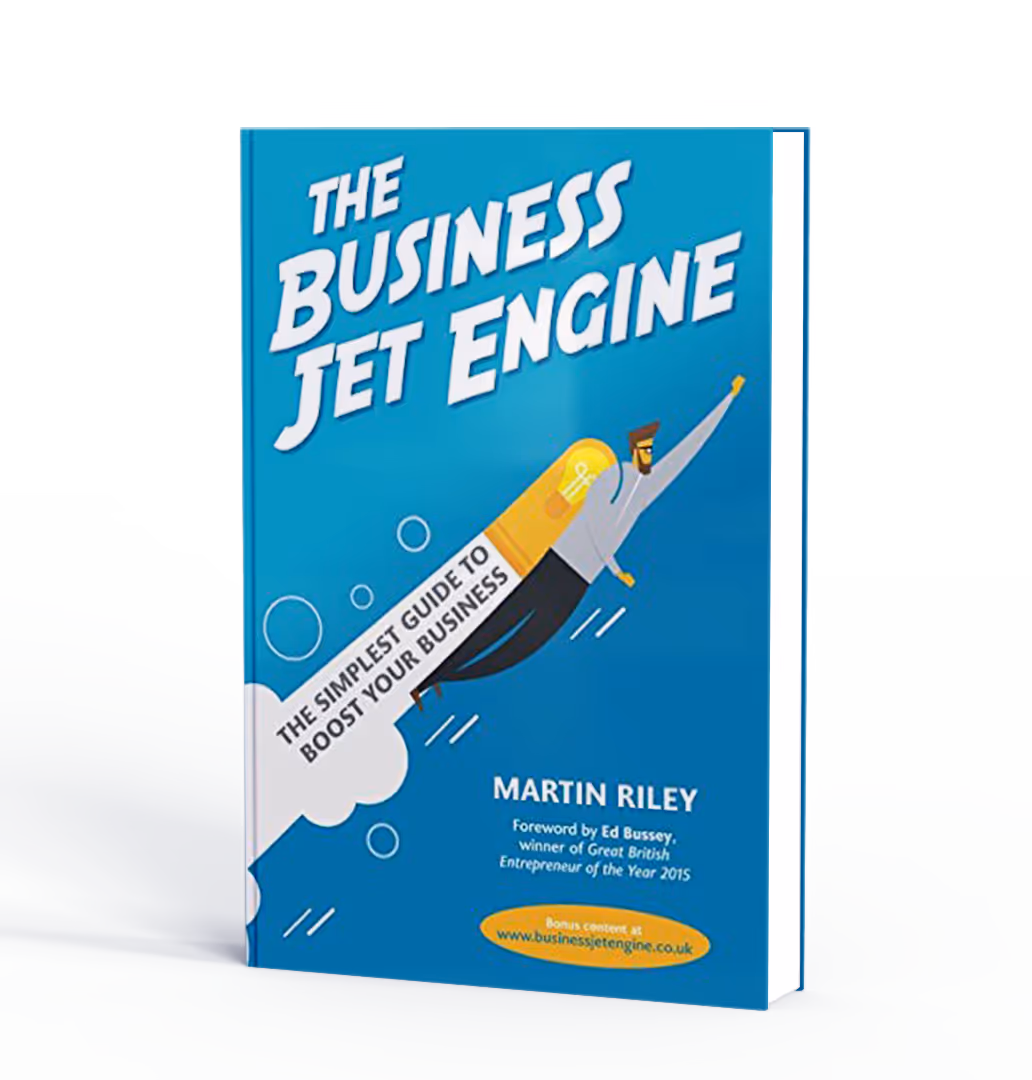 Cover of "The Business Jet Engine" book by Martin Riley, featuring an illustration of a flying jet.