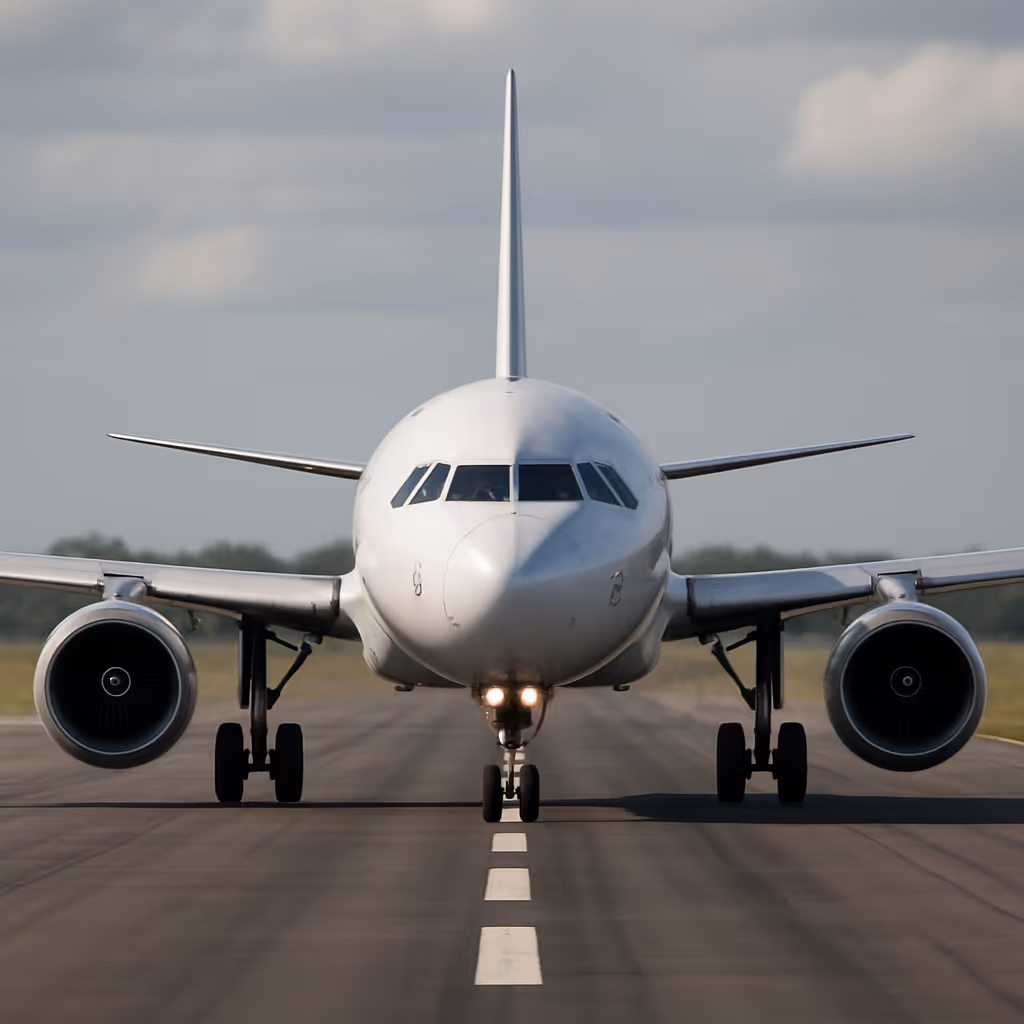An airplane is on a runway, preparing for takeoff.