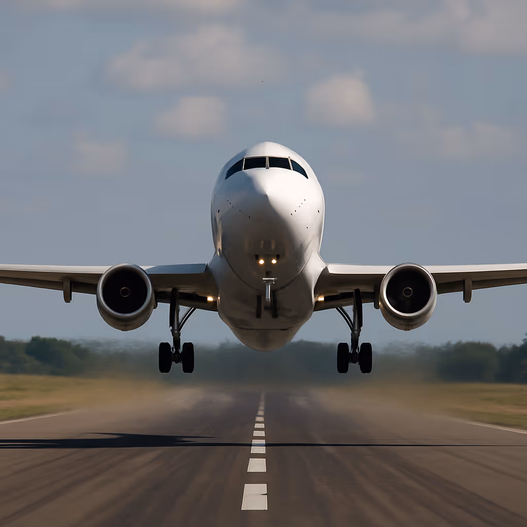 An airplane takes off from a runway, lifting into the sky.
