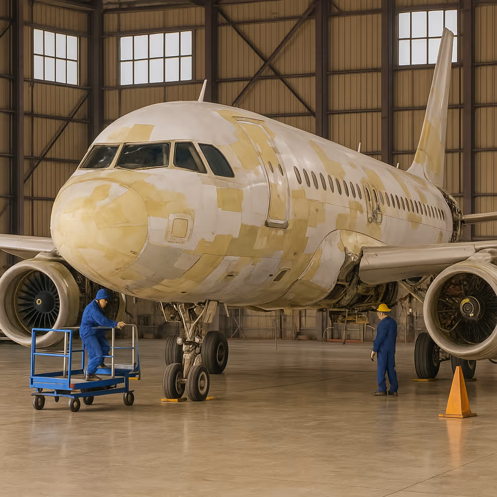 Two workers in blue overalls perform maintenance on a large airplane inside a hangar.