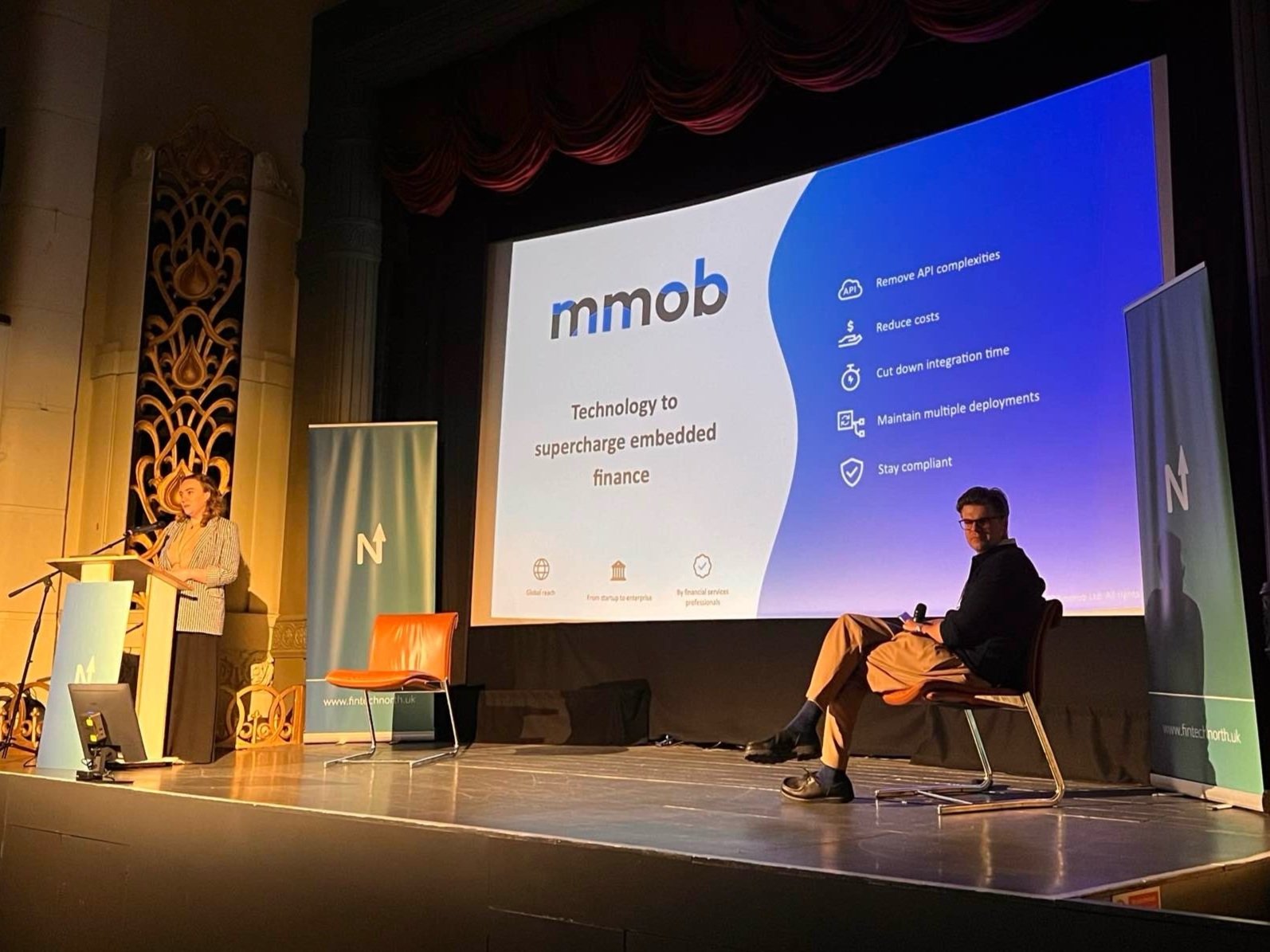 mmob's Olivia Minnock pitching technology to supercharge embedded finance on stage.