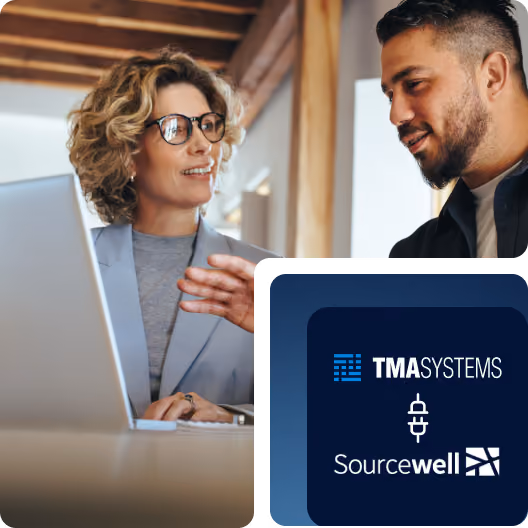 2 people looking at a laptop talking about integrating TMA and Sourcewell