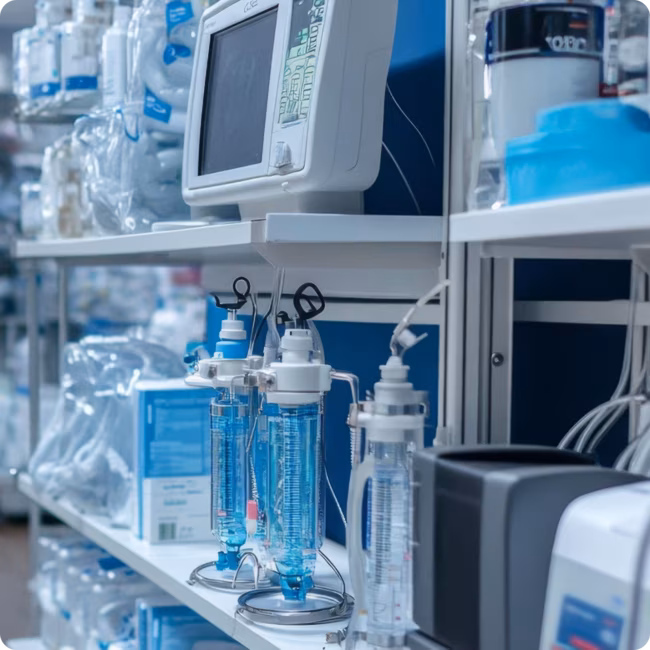 close up photo of a shelf full of biomed equipment.