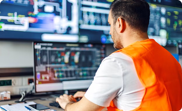 Man working at the computer, monitoring a BAS
