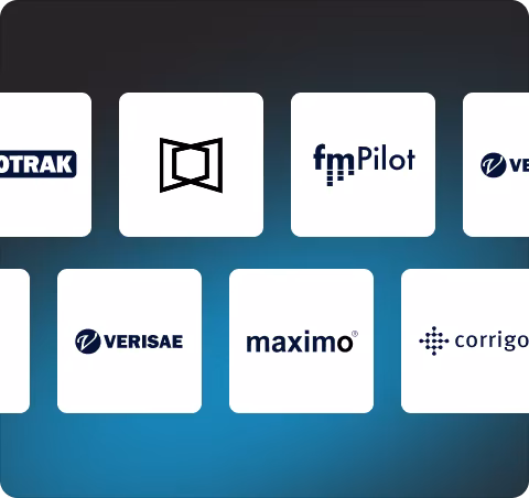 Grid of business logos including fmPilot, Verisae, Maximo, and Corrigo on a blue gradient background.