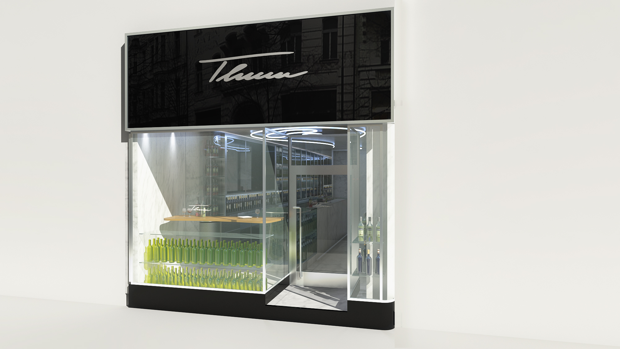 Modernes Verkaufselement mit Glasvitrine und Schriftzug „Thum“