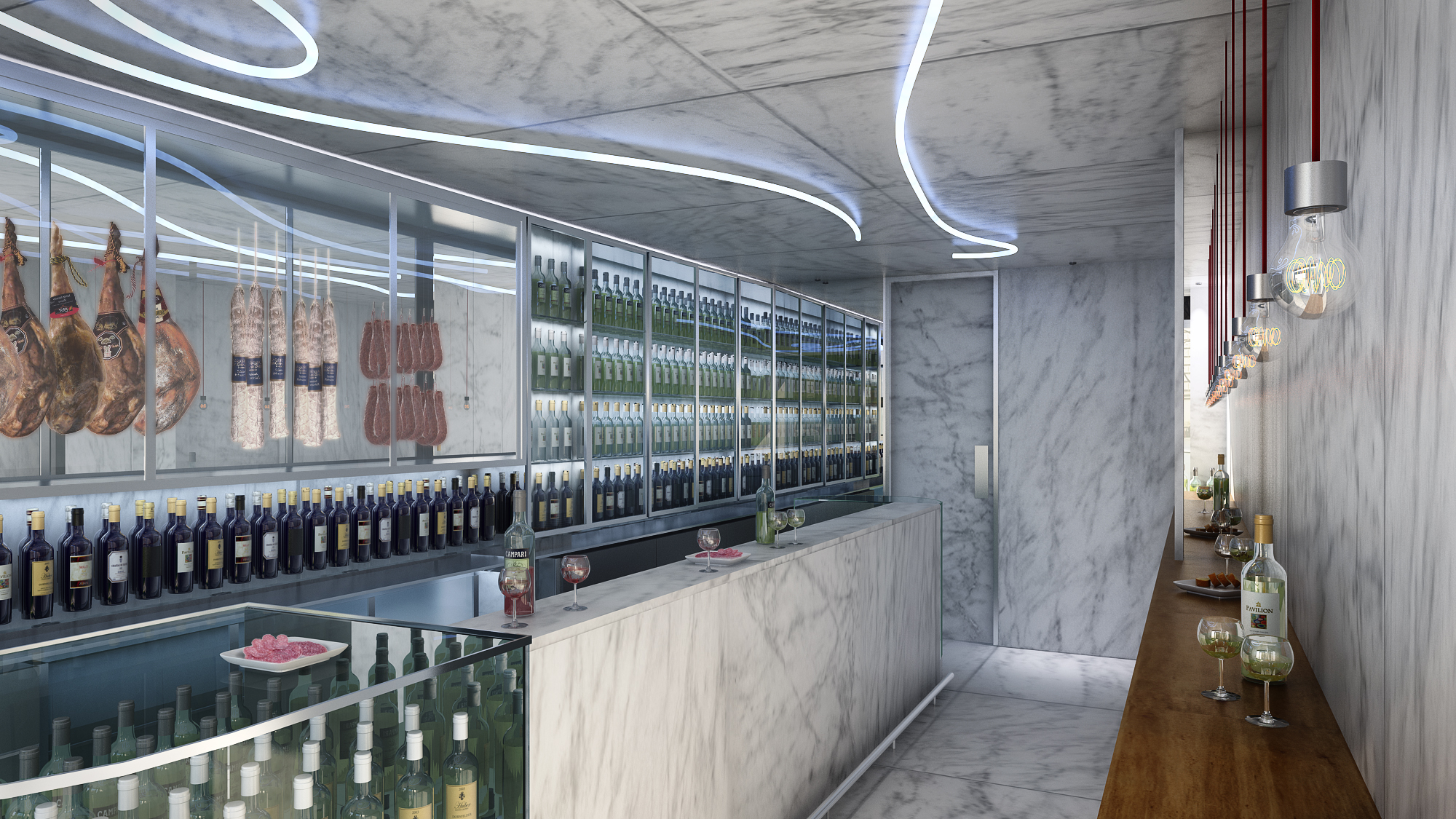 Kühlraum mit Weinflaschen, Schinkenaufhängung und LED-Lichtlinien