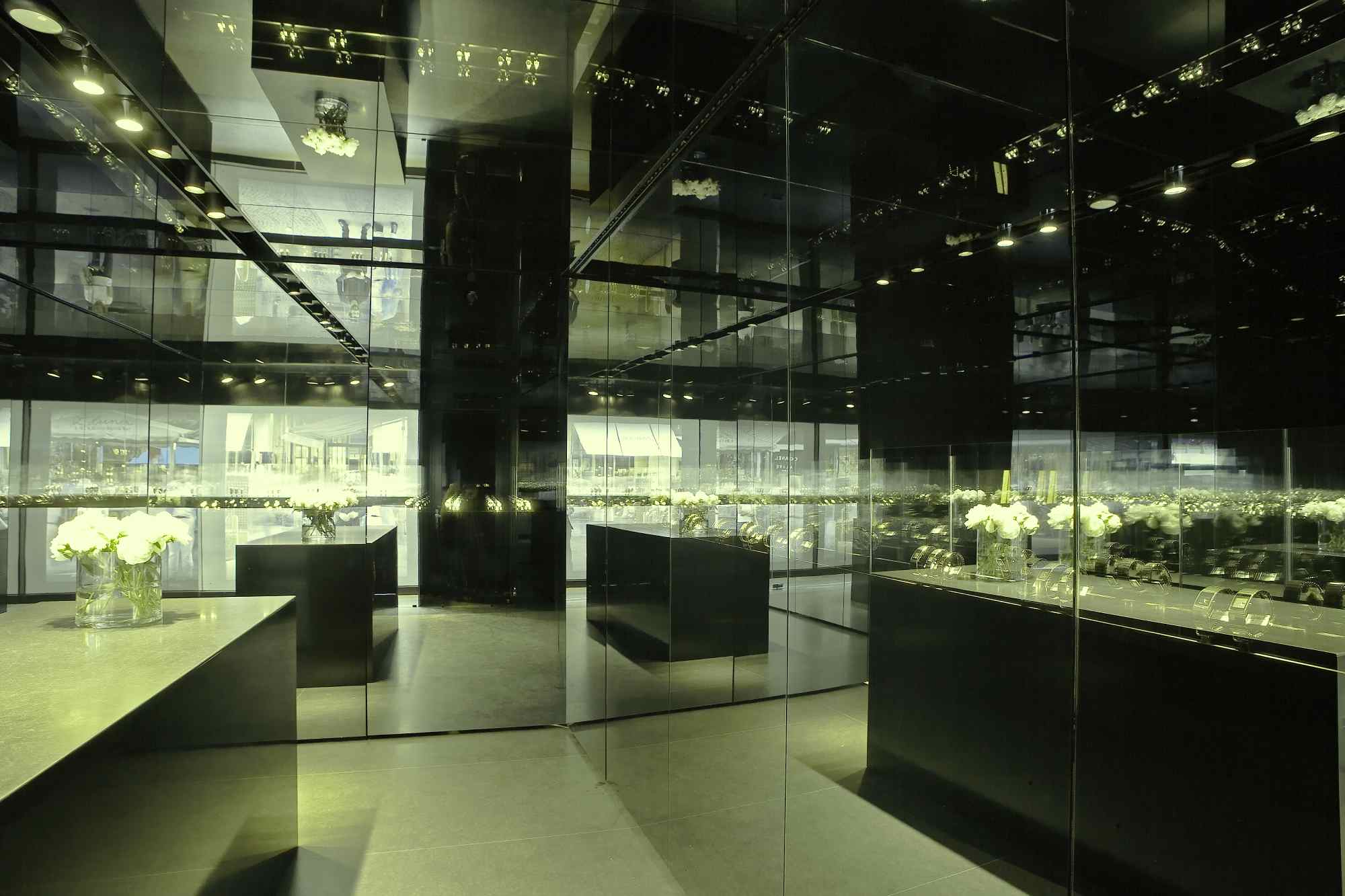 Detailreiche Vitrinenarchitektur in Schwarz und Gold