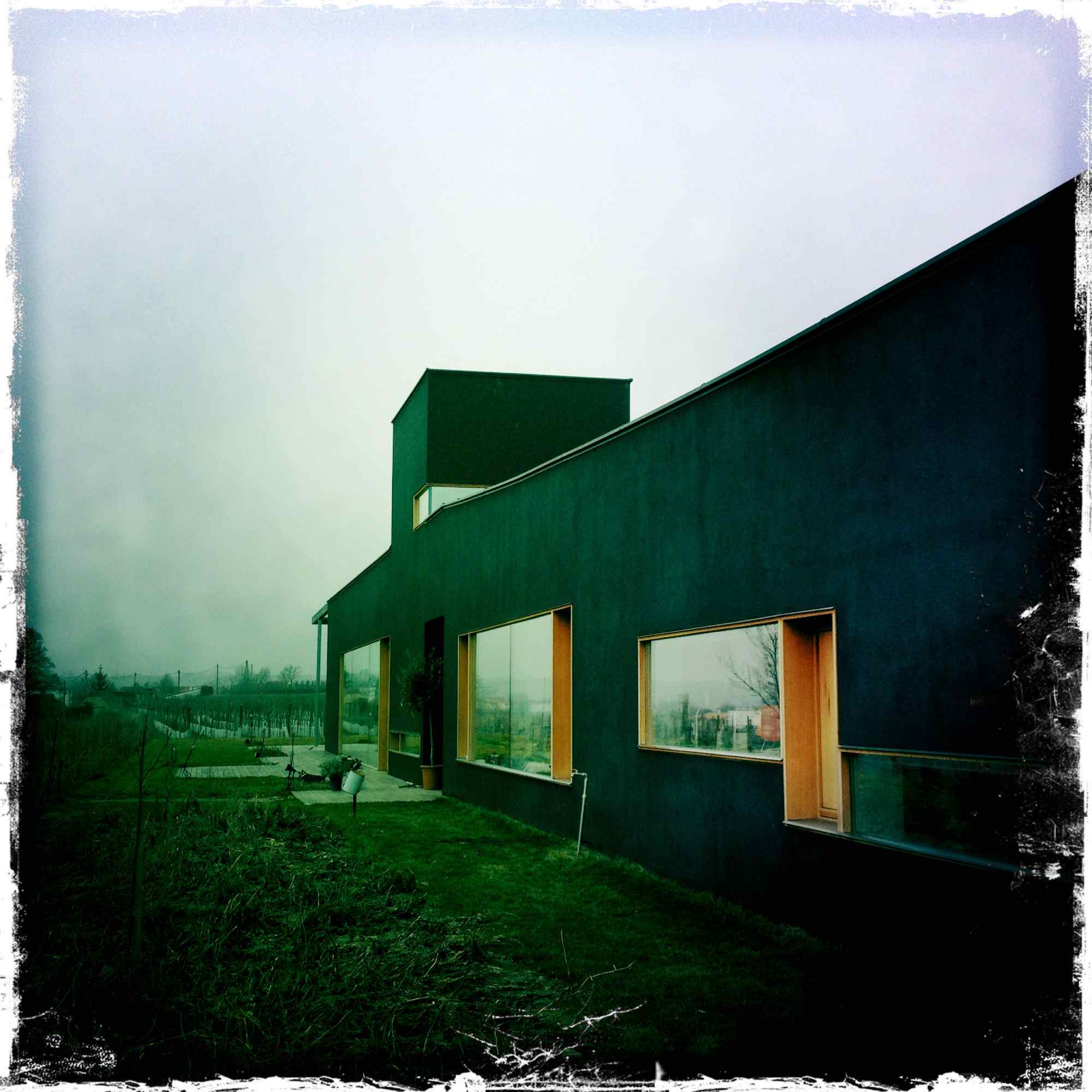 Längsansicht des Hauses mit großen Fensteröffnungen