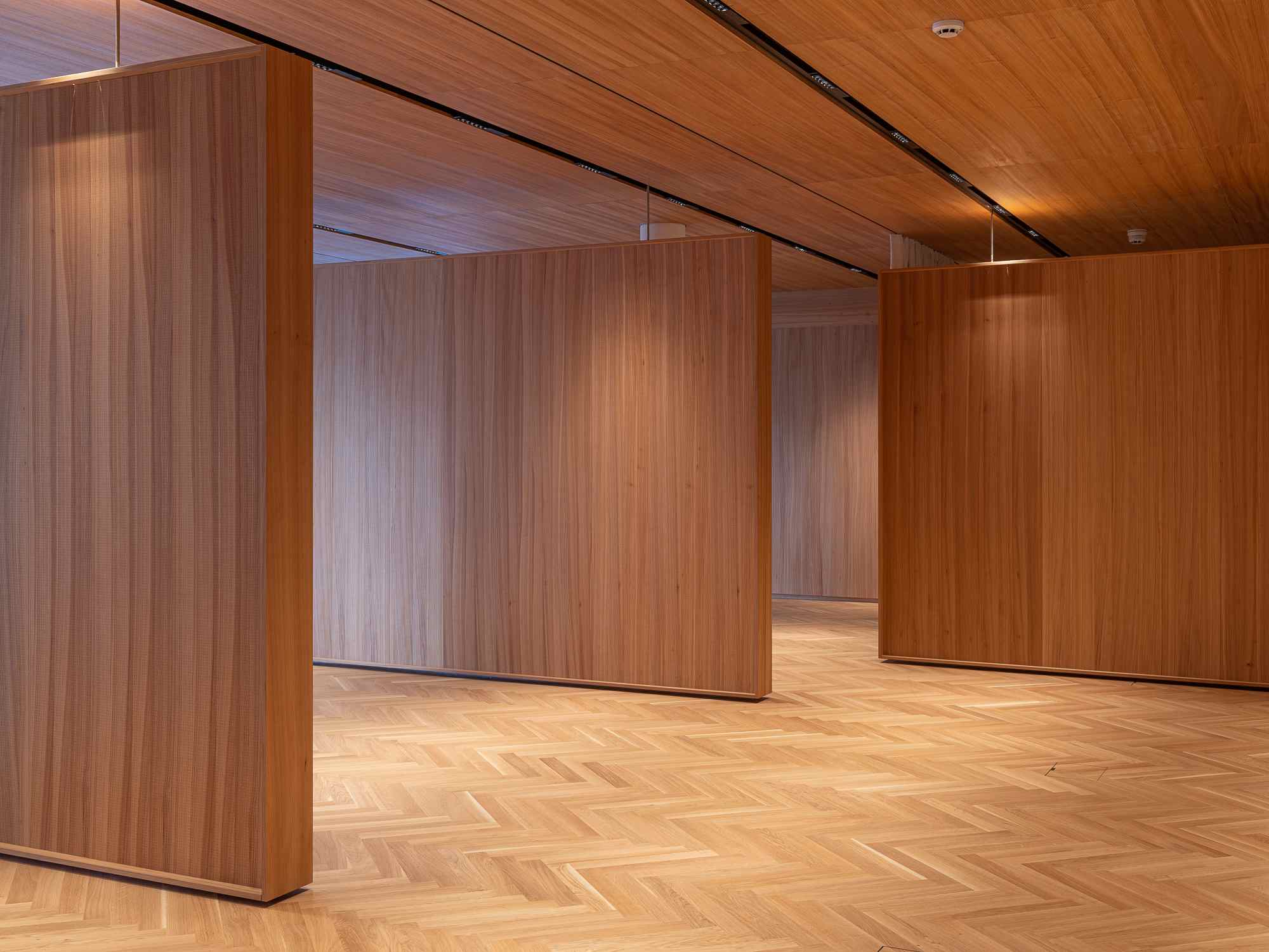 Raum mit dunkler Holzdecke und vertikalen Holzelementen