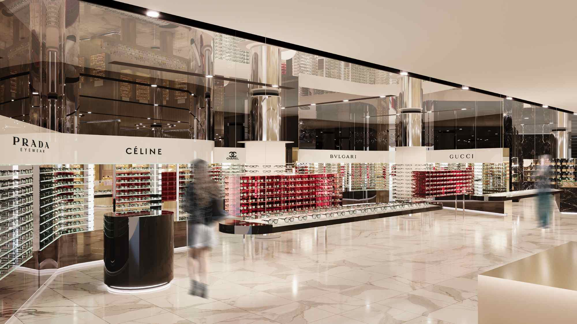 Umbauphase mit sichtbaren Baugerüsten und bereits eingerichteten Kosmetiktheken.