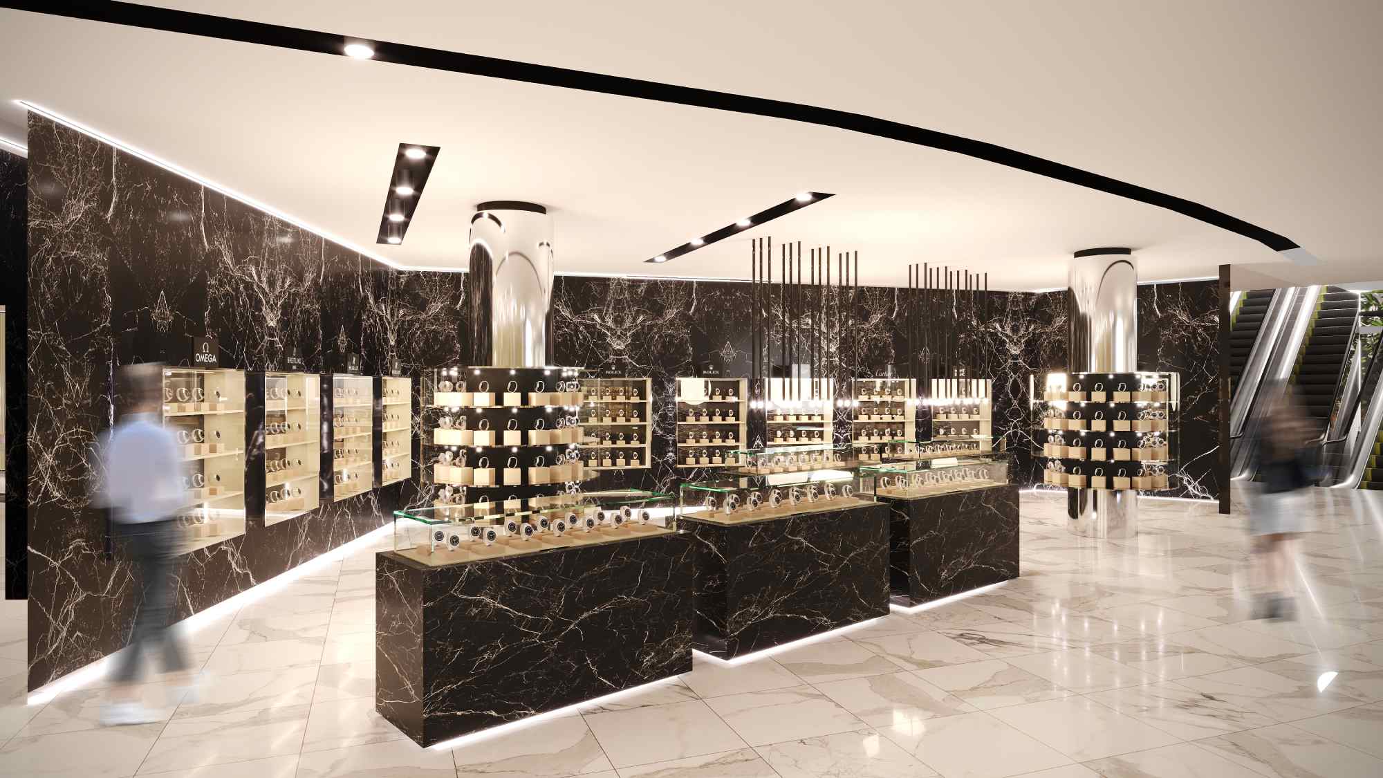 Moderne Parfümerieabteilung mit dunklen Akzenten und kreisförmiger Deckenbeleuchtung.