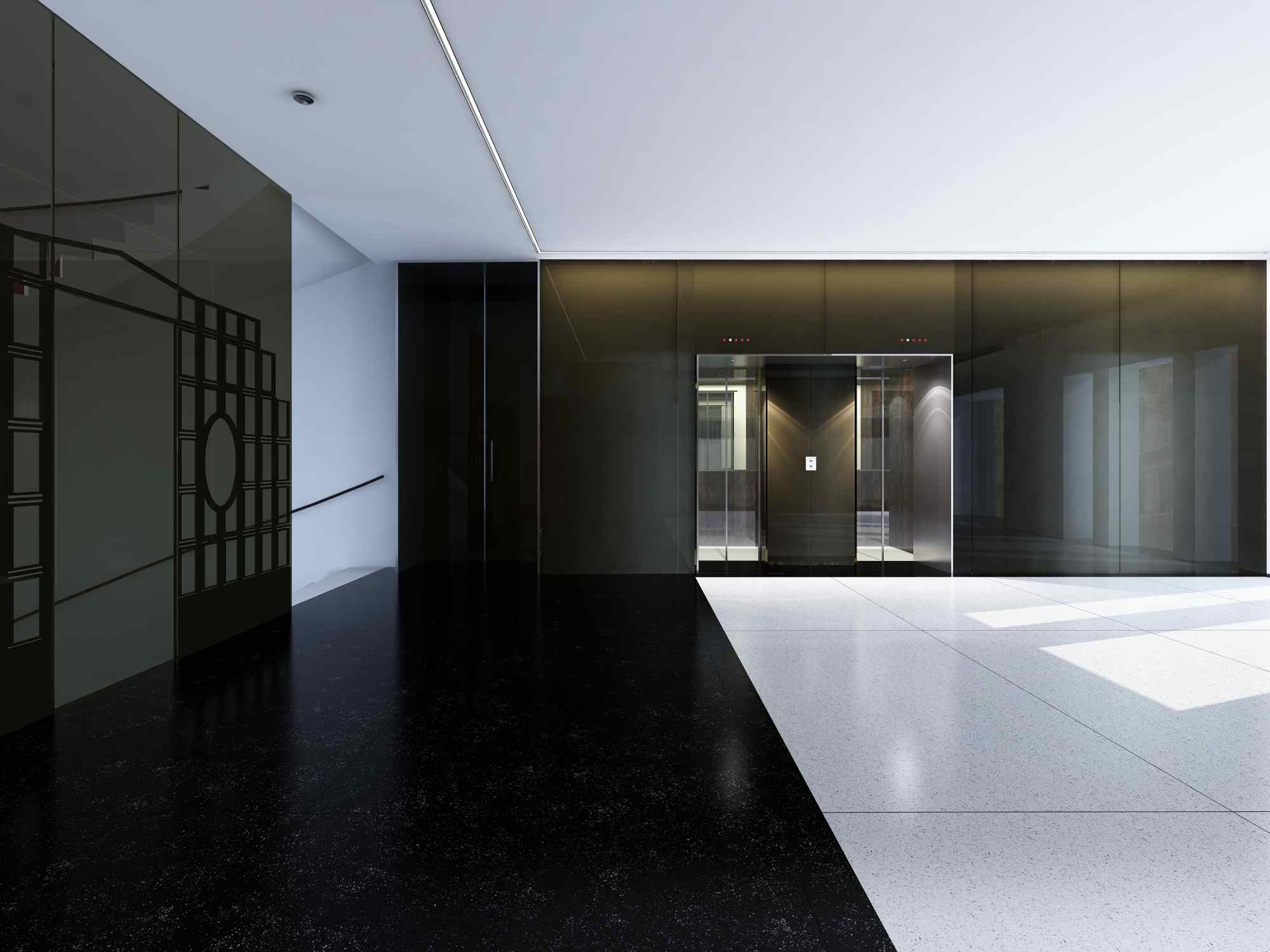 Heller Eingangsbereich mit Kontrast aus schwarzem und weißem Boden.