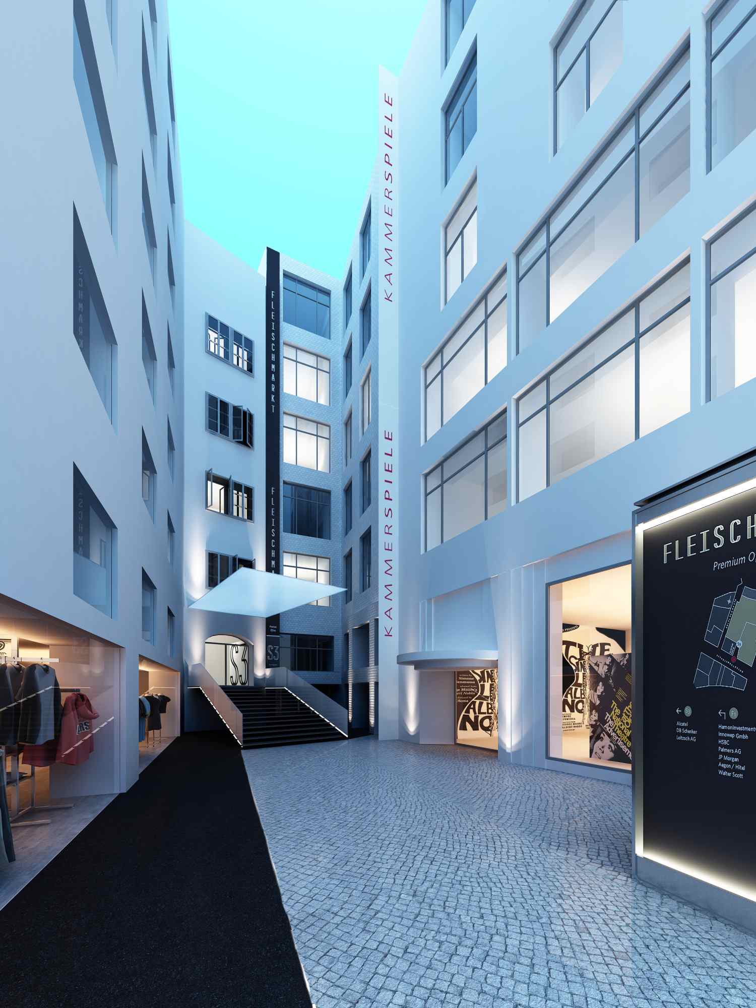 Innenhof mit modernem Zugang und Glasfassaden im Gebäudeensemble Fleischmarkt.