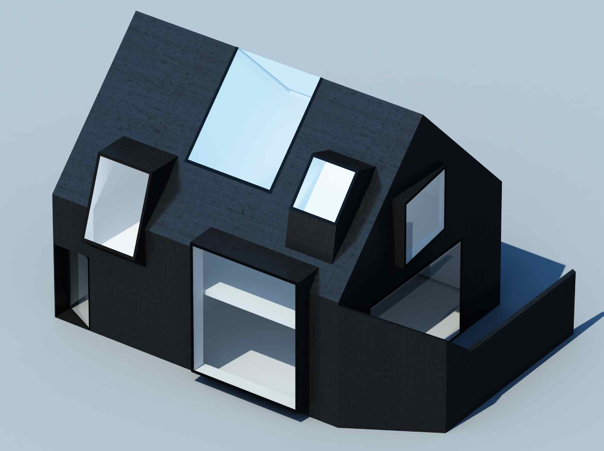 Architekturmodell eines modernen Hauses mit markanter Dachform und großflächigen Oberlichtern.