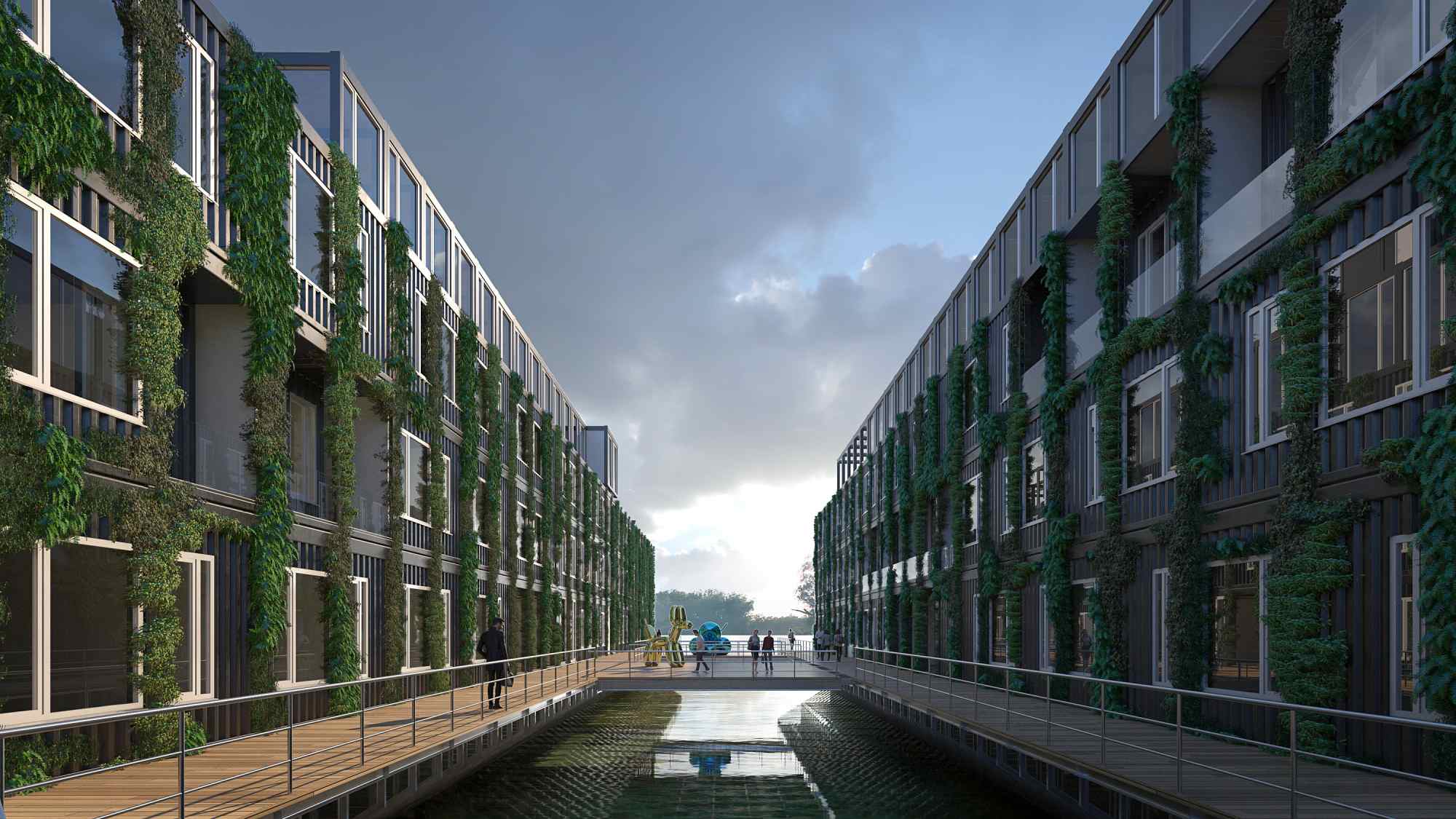 Perspektivischer Blick in eine begrünte Gebäudeschlucht mit Wasserlauf in der Mitte und Fassaden mit vertikalen Pflanzenelementen.