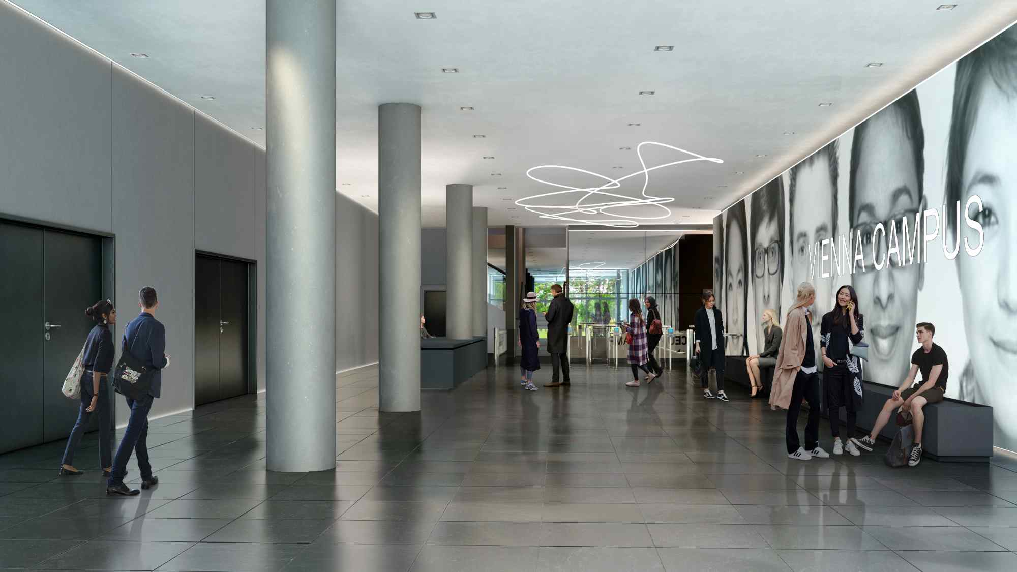 Heller Gang mit Sitzgelegenheiten