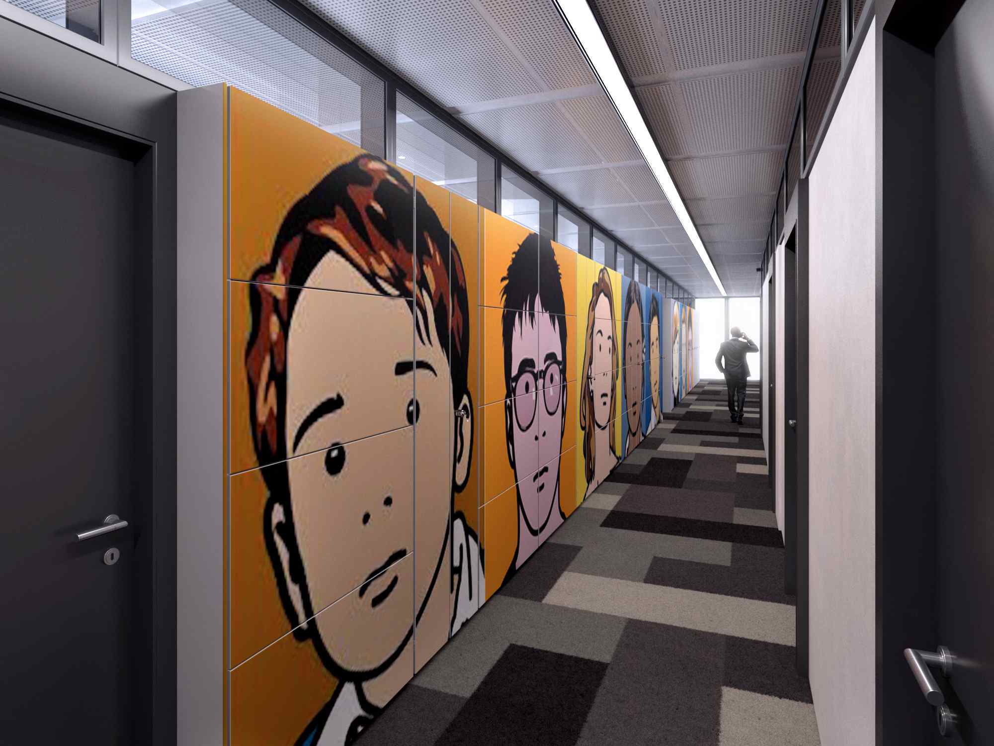 Büroflur mit Porträt-Wandgrafiken.