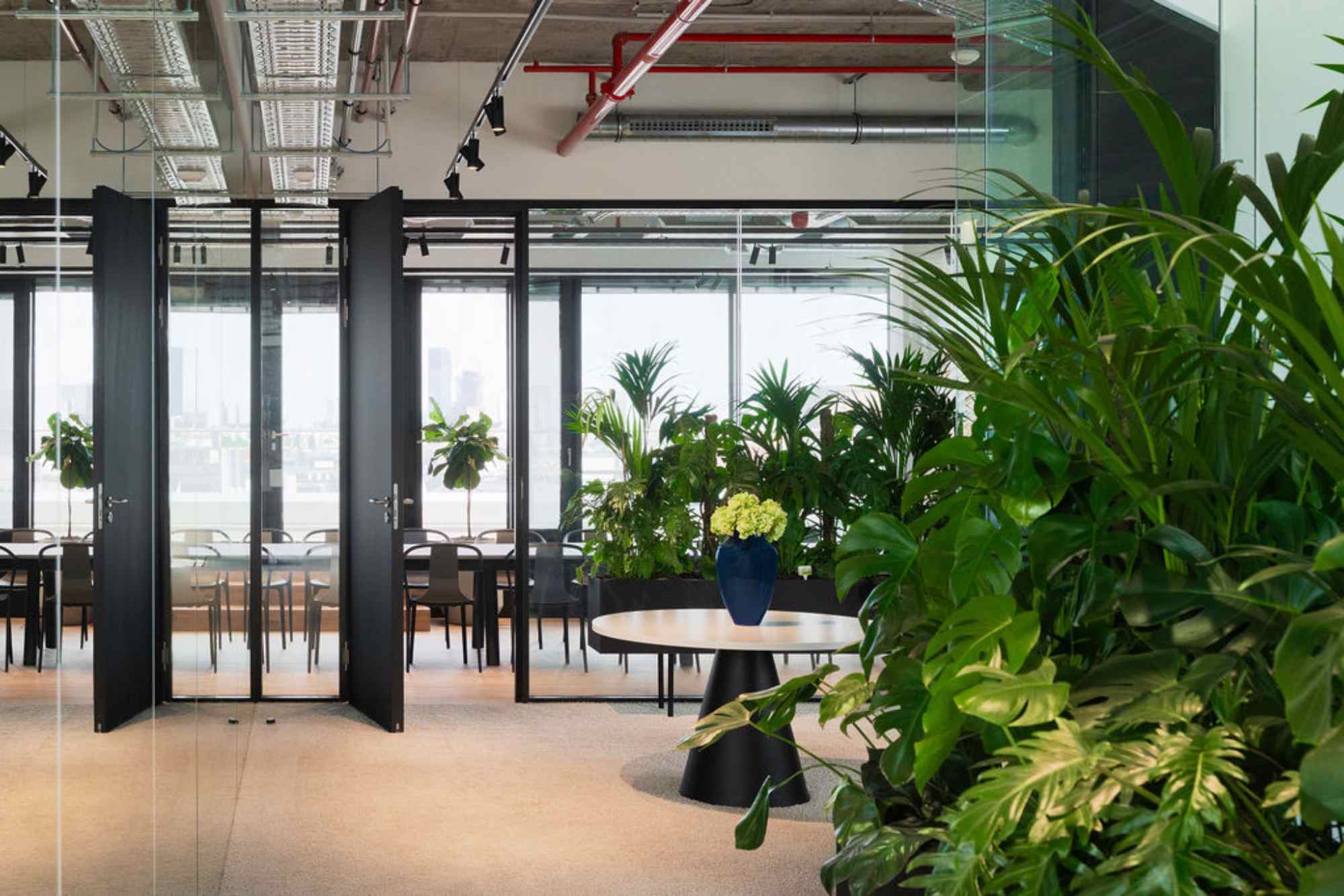 Offener Bürobereich mit Pflanzeninseln.