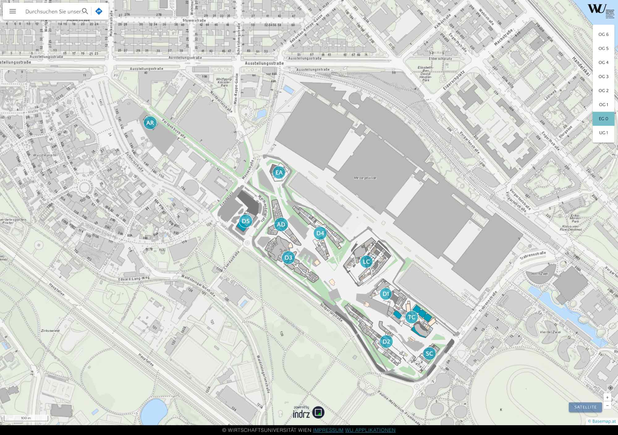 Lageplan des WU-Campus in Wien mit Gebäuden und Wegen
