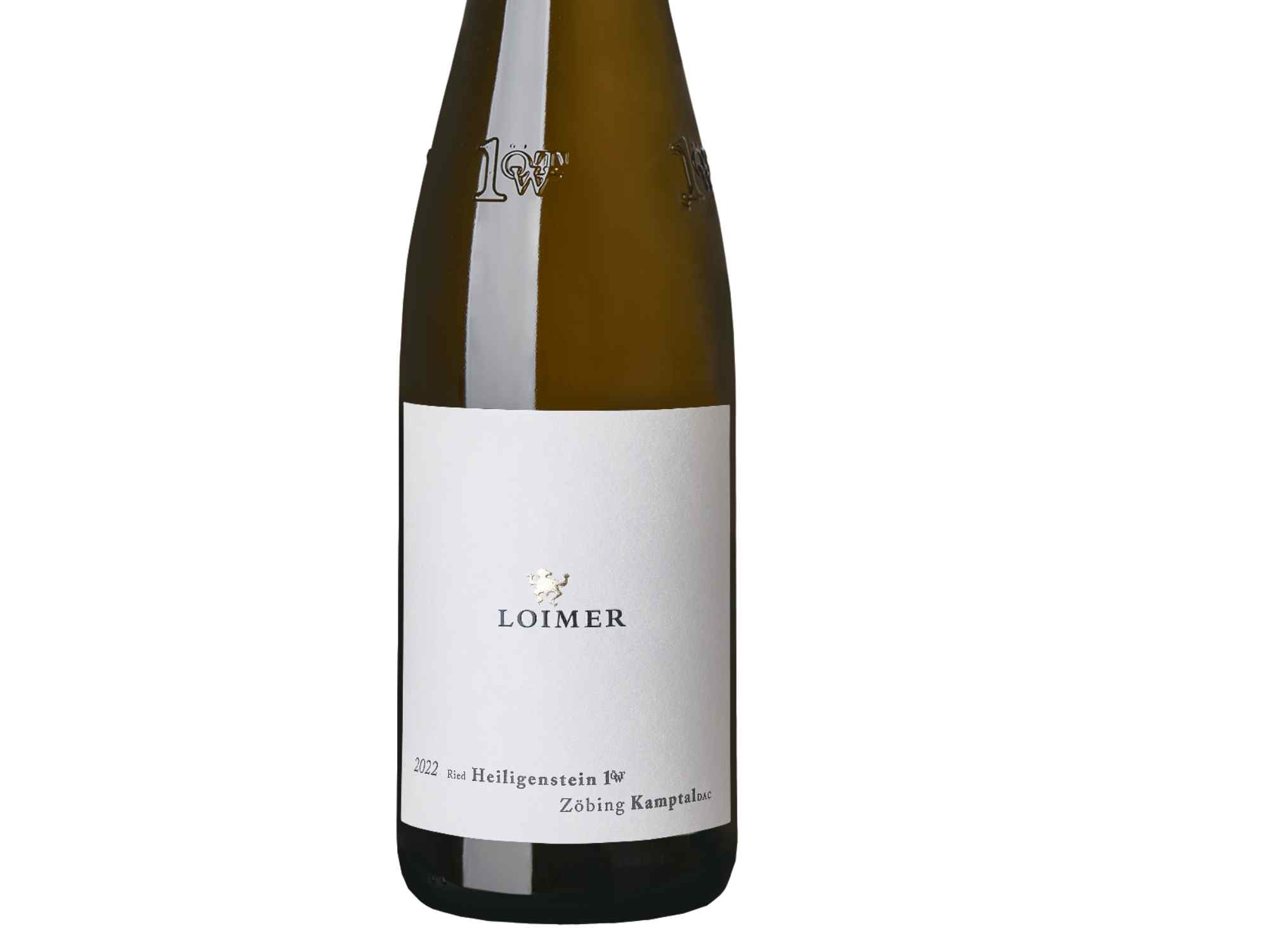 Freigestellte Loimer-Flasche mit schlichtem weißen Etikett auf weißem Hintergrund.
