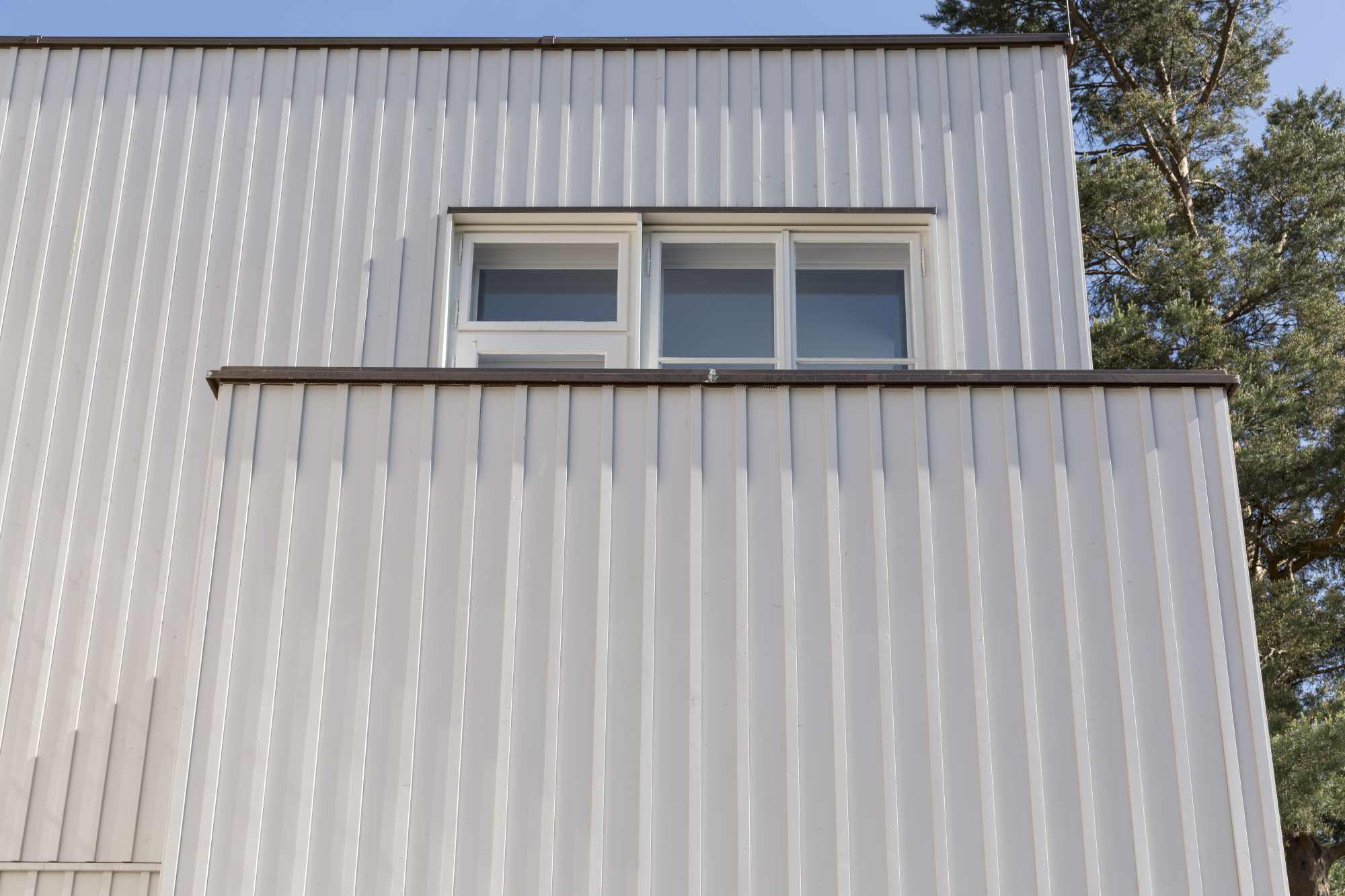 Minimalistische Rückseite mit Fenster und Holzverschalung