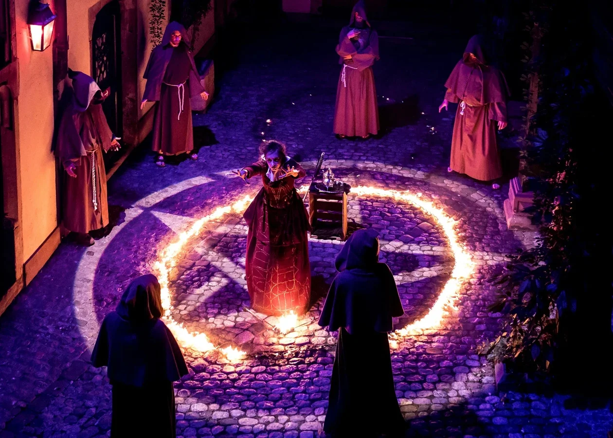 Mise en scène des acteurs dans un pentagramme en feu