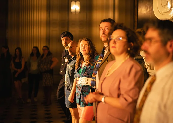 Les acteurs de l'enquête alignés devant le public