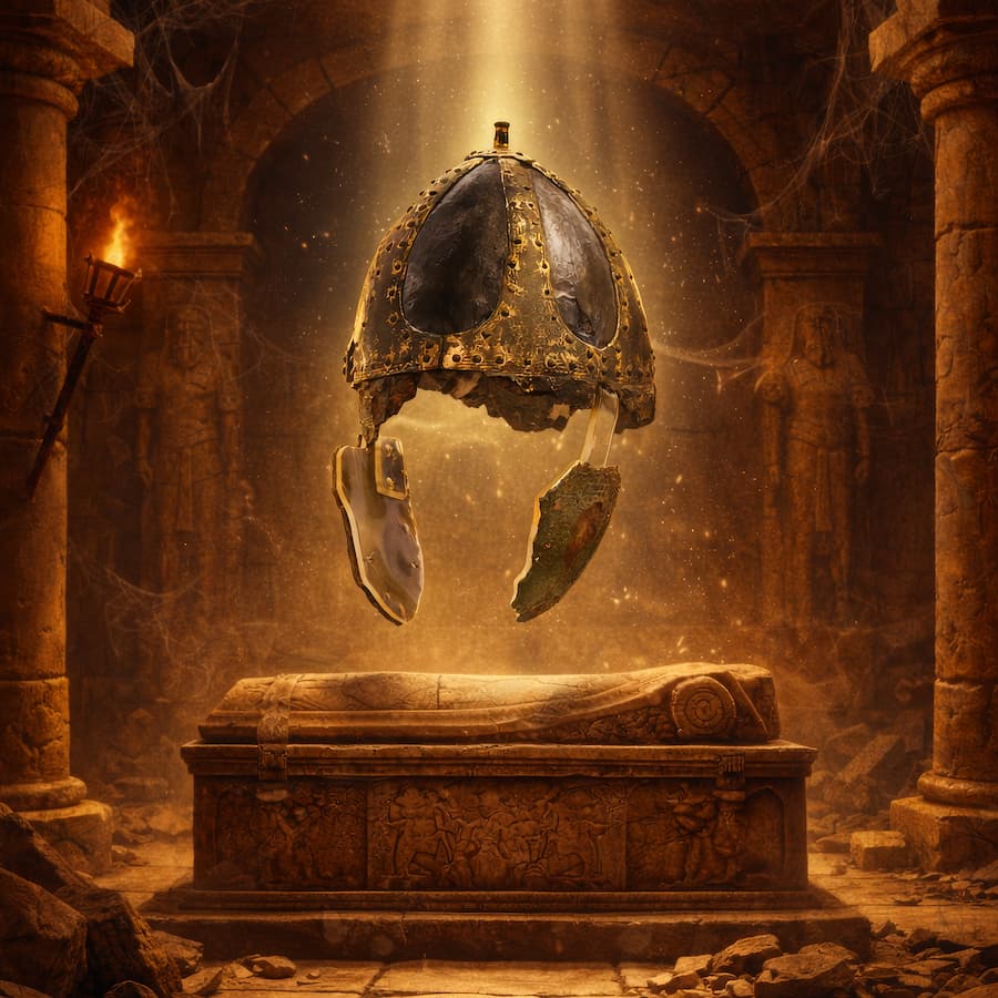 Un casque mérovingien dans un halo de lumière dans un temple poussiéreux