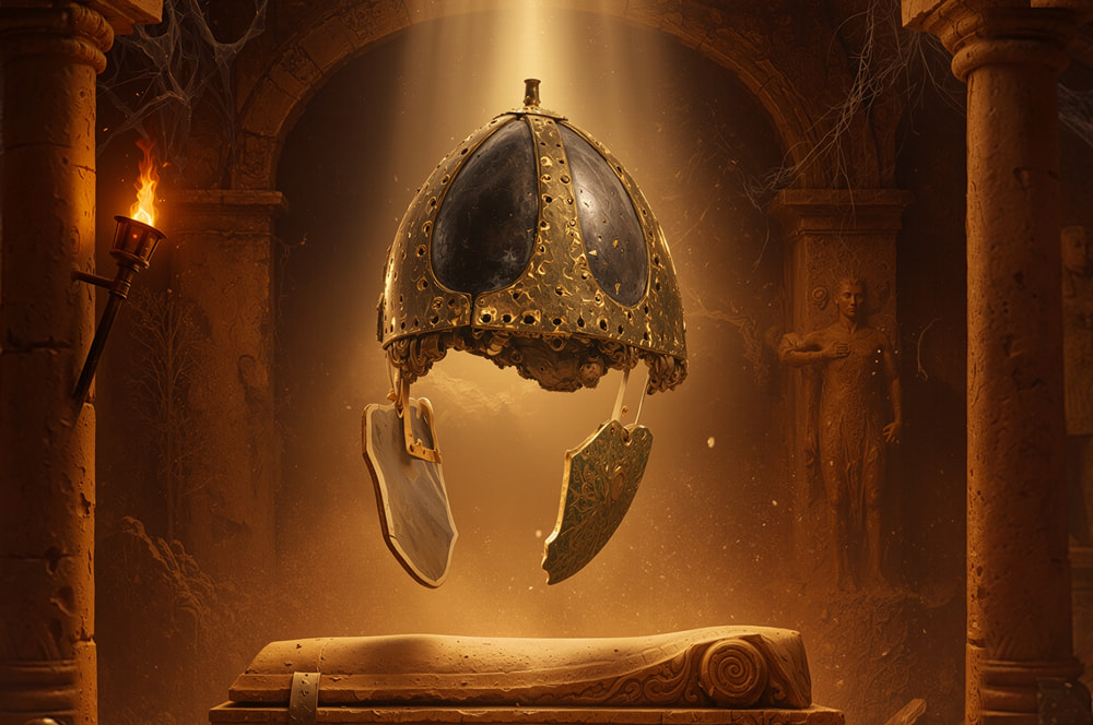 Un casque mérovingien dans un halo de lumière dans un temple poussiéreux