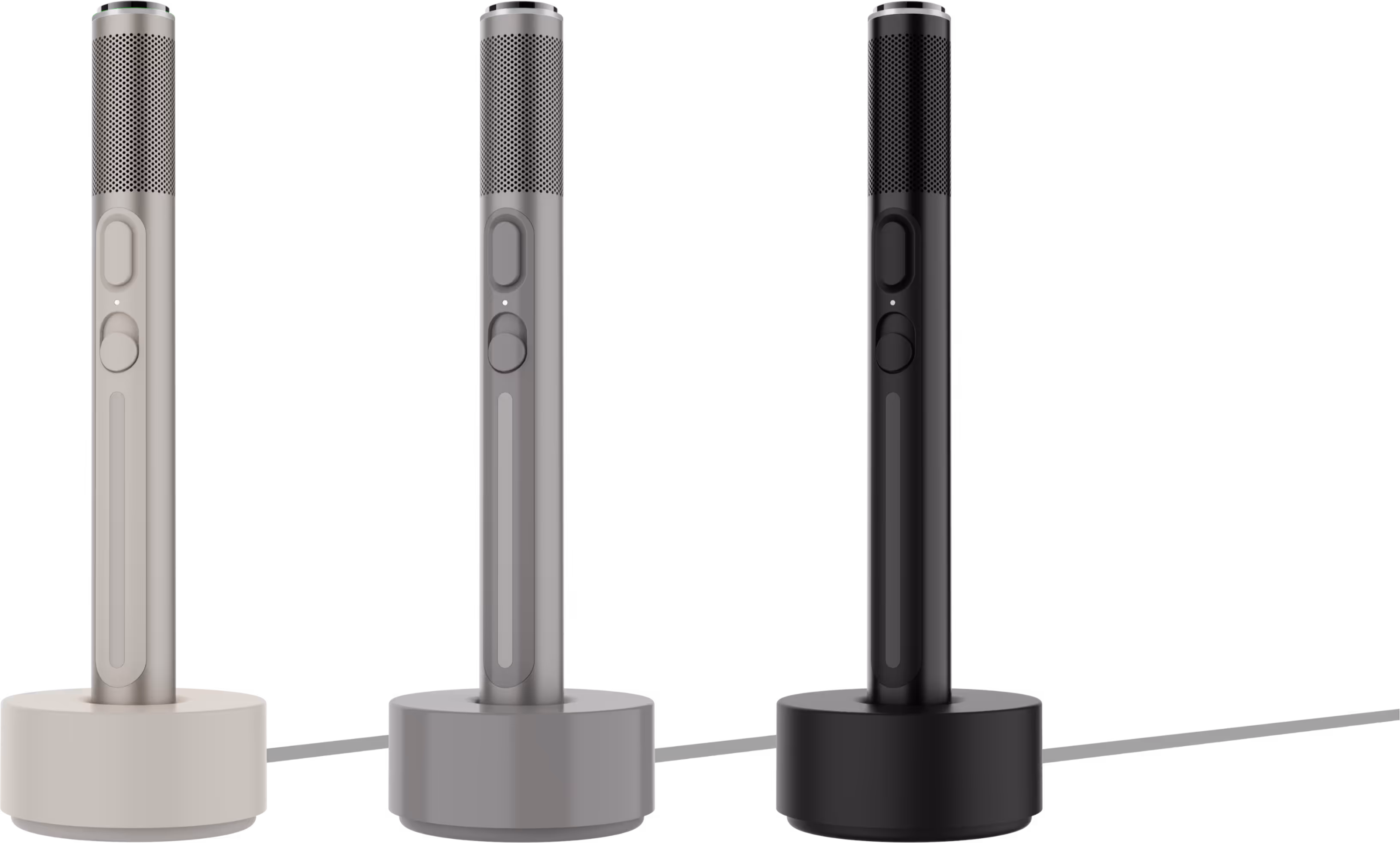 Three cylindrical iyO Wand devices in dusk, night, and dawn colors, each standing on a matching round base.